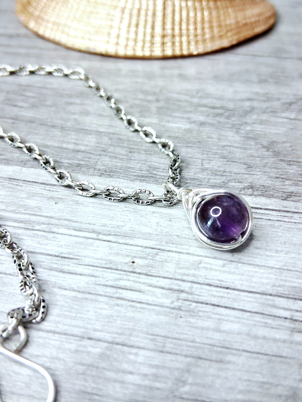 Silver Wire Wrapped Amethyst Teardrop Choker Necklace - Purple